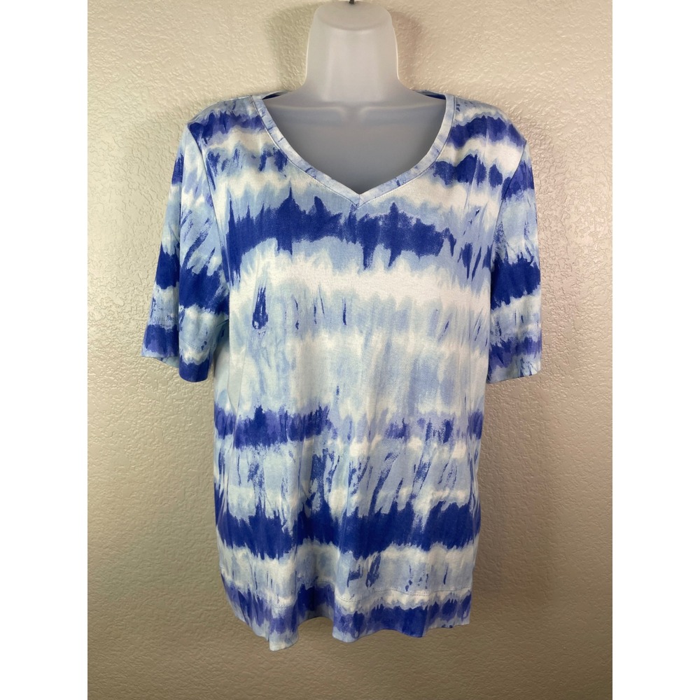 Chicos 2 US Large T Shirt Blue White Tie Dye Pima Cotton V Neck Short Sleeve
